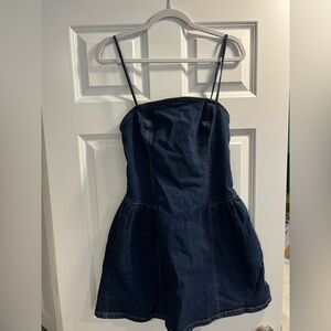 Abercrombie & Fitch Dipped Waist Cross-Back Denim Mini Dress Dark Blue